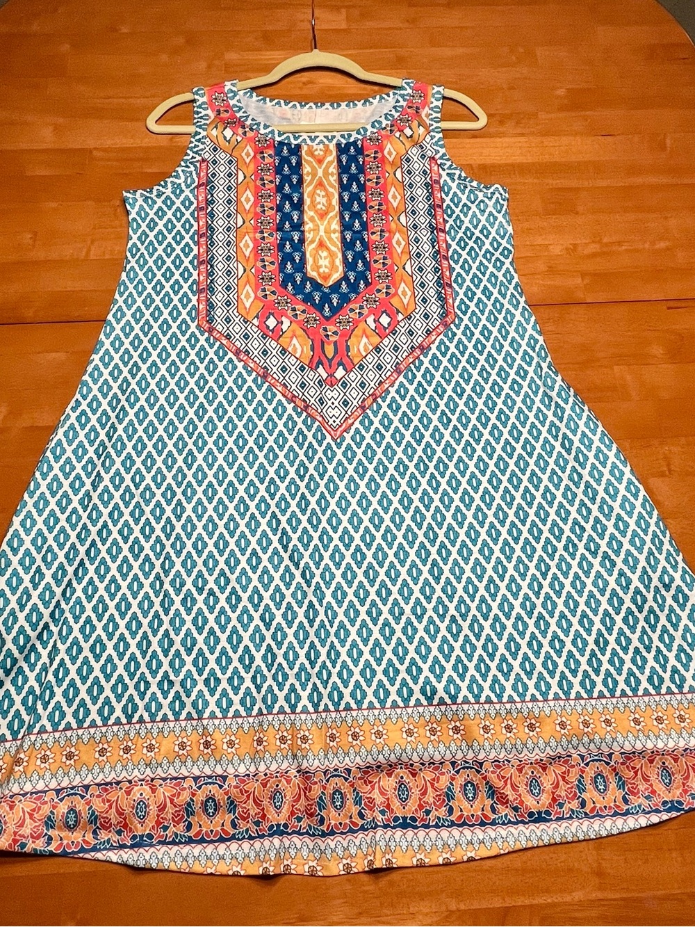 Sleeveless Southwestern IKat Pattern Dress with Coral Embroidered Yoke